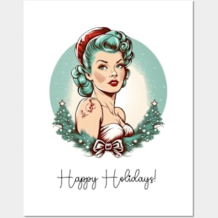 Retro Pin-up Girl with Santa Hat Illustration Art Posters and Art